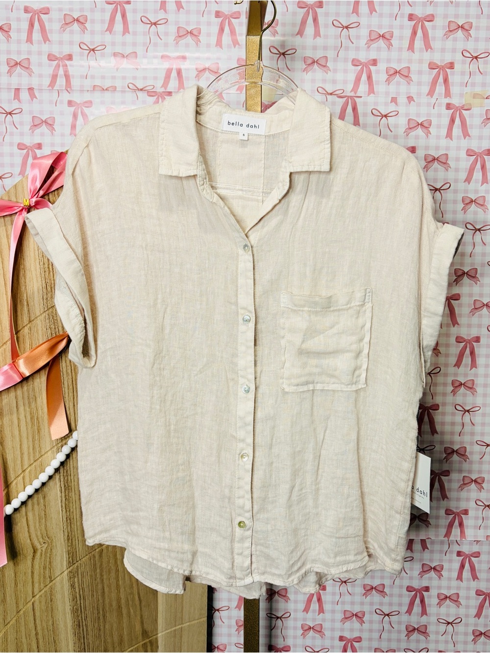 Bella Dahl Linen Sand Button-Down Short Sleeve Pocket Shirt Coastal Classic Chic
